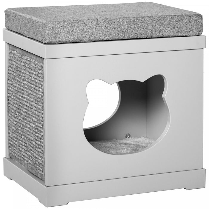 Pawhut Lit D'interieur Pour Chat Avec Coussins Rembourres Doux, Jolie Maison Cubique Couverte Avec 2 Planches A Gratter Exterieures, Grotte Pour Chatons, Petits Chats, Gris