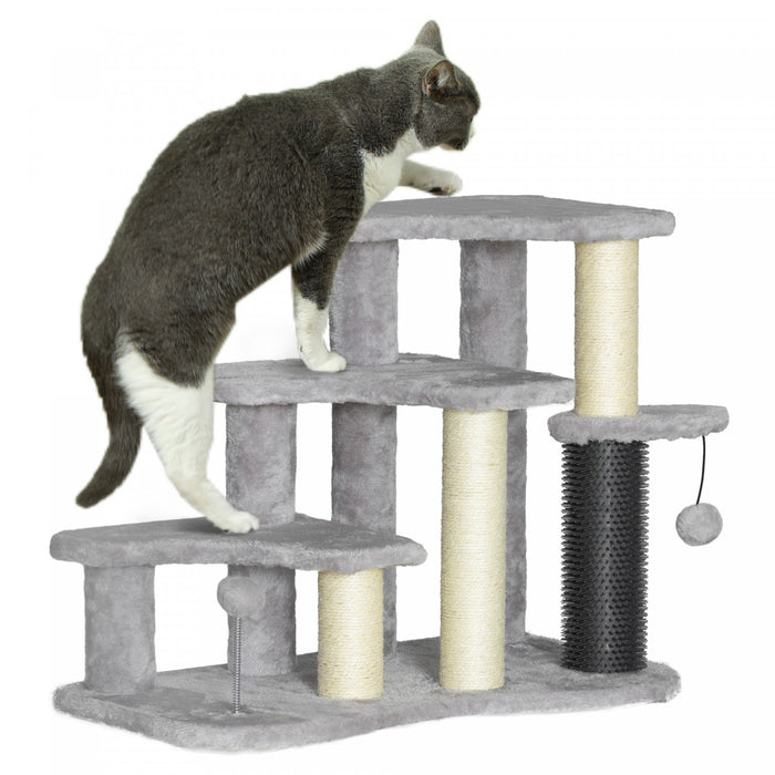 Pawhut Arbre A Chat De 20\", Tour 2 En 1, Escalier Pour Animal Domestique A 3 Marches Avec Griffoirs, Balles Jouets, Escalier Pour Chat Pour Lit, Canape, Gris Clair