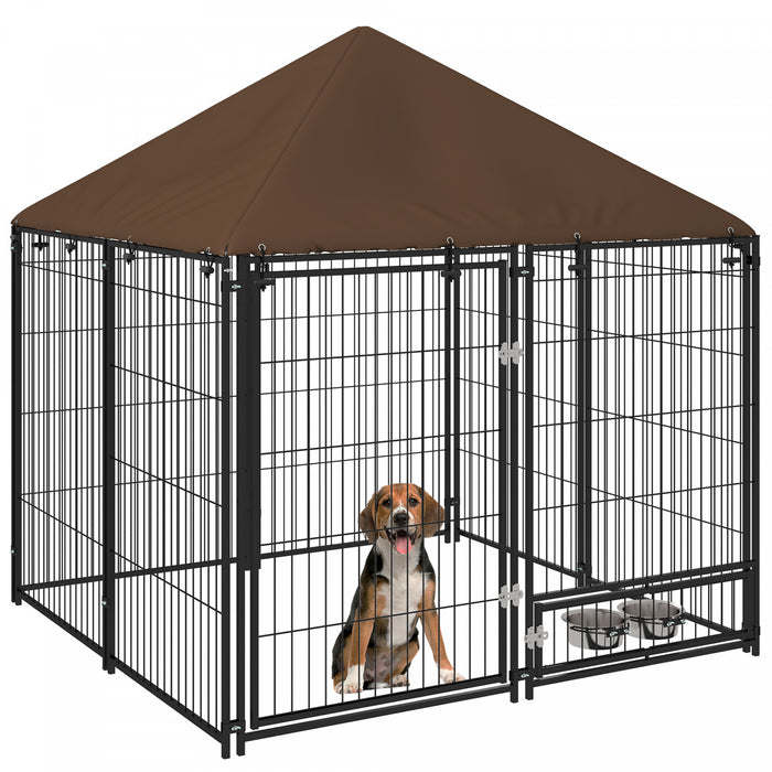 Pawhut Chenil Exterieur Pour Chien De 4.6' X 4.6' X 5' Avec Auvent, Bols Rotatifs, Porte Pour Cour Et Jardin, Cafe
