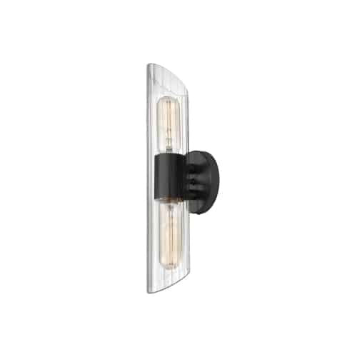 Petite lumière de coiffeuse Samantha de Dainolite en verre cannelé transparent, avec fini noir mat et 2 ampoules