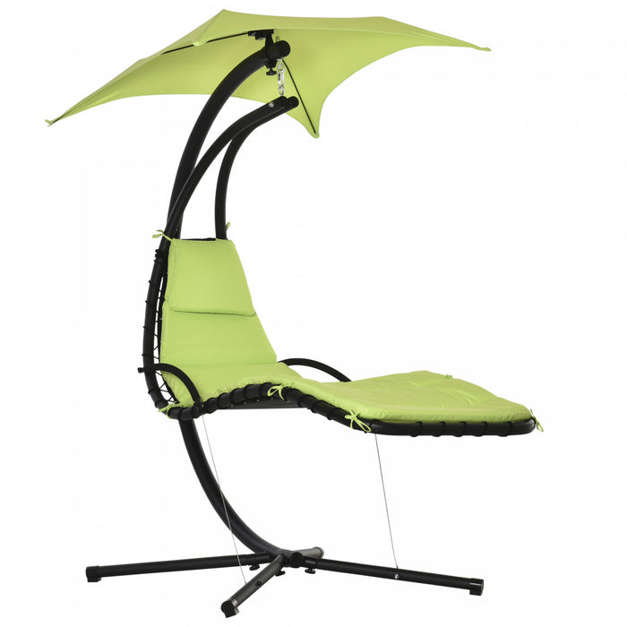 Outsunny Chaise Longue Flottante Pour Porche D'exterieur Balancoire Hamac Suspendu Siege Inclinable Avec Support En Arc Et Parasol A Baldaquin Vert