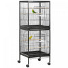 Pawhut 55.1\" 2 En 1 Cage A Oiseaux Voliere Perruche Maison Pour Pinsons, Perruches Avec Roues, Plateaux Coulissants, Perchoir En Bois, Recipients Alimentaires, Noir