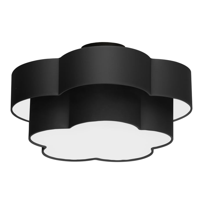 Grand plafonnier affleuré Phlox de Dainolite avec abat-jour noir et blanc, fini noir mat et 3 ampoules