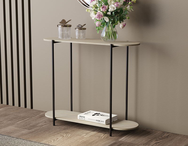 Console de 32 po de forme ovale avec 1 tablette de rangement - apparence de bois naturel avec métal noir