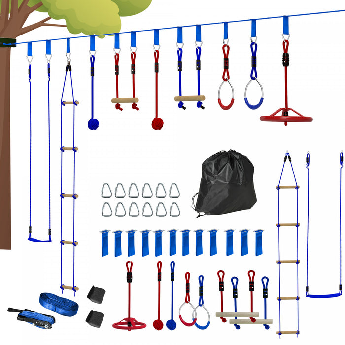 Qaba Ninja Warrior Parcours d'obstacles pour enfants, kit de slackline Ninja de 10 m avec balancoire, barres de singe, echelle d'escalade, balles de prehension, plateau suspendu