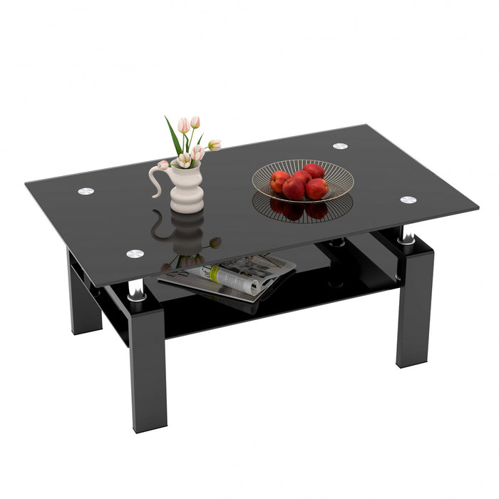 Table basse moderne rectangulaire en verre trempe transparent Liam, avec pieds noirs