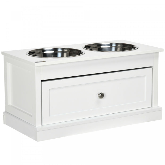 Pawhut Grandes Gamelles Surelevees Pour Chien Avec Tiroir De Rangement D'une Capacite De 11 L, Support De Gamelle Sureleve Pour Animal Domestique, Station D'alimentation Pour Chien, Blanc