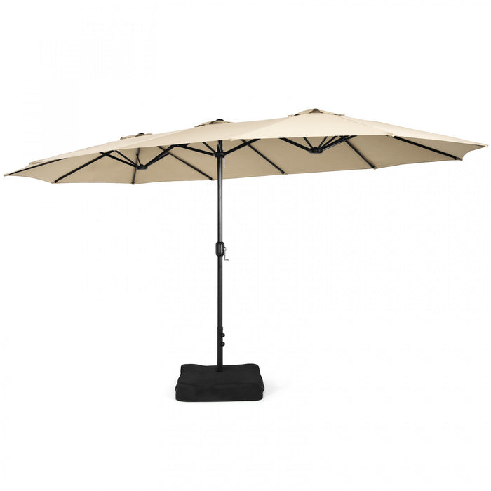 Parasol de patio jumeau double face Costway de 15 pieds, marche exterieur avec manivelle et base beige