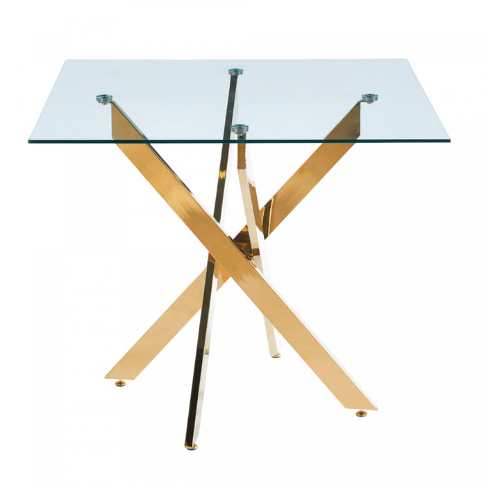 Table a manger carree en verre Olivia avec fonction polyvalente, finition doree