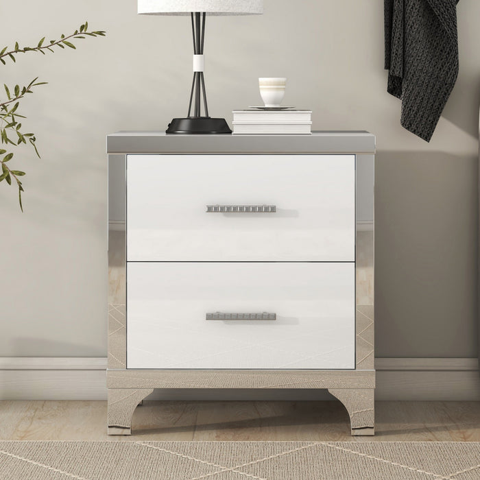Sophia table de chevet laquee brillante avec 2 tiroirs et poignees en metal, blanc