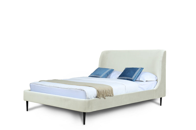 Lit double Heather style milieu du siecle moderne, rembourre en velours creme et noir