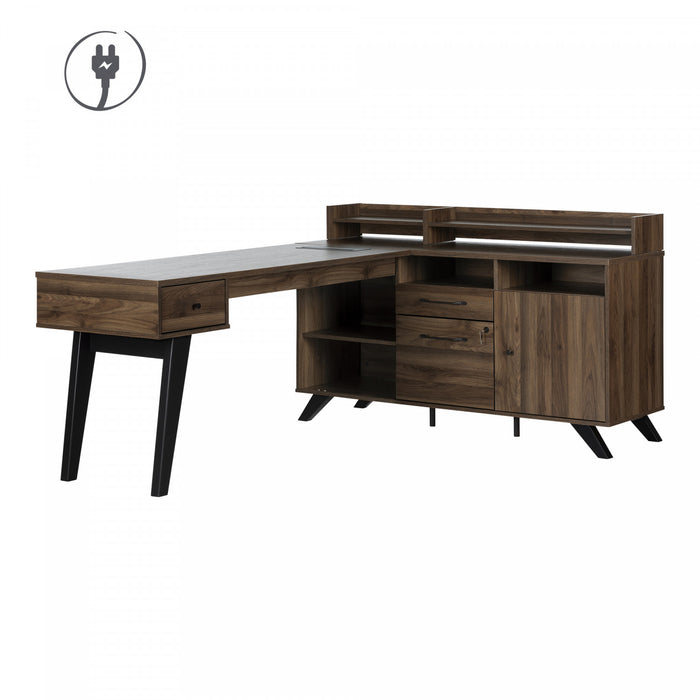 Helsy Bureau en L avec barre d'alimentation et huche amovible Noyer naturel, de Meubles South Shore