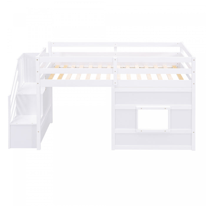 Martin – Lit Mezzanine Simple En Bois Massif Avec Escaliers De Rangement, Fenetre Ludique Et Eclairage Del – Blanc