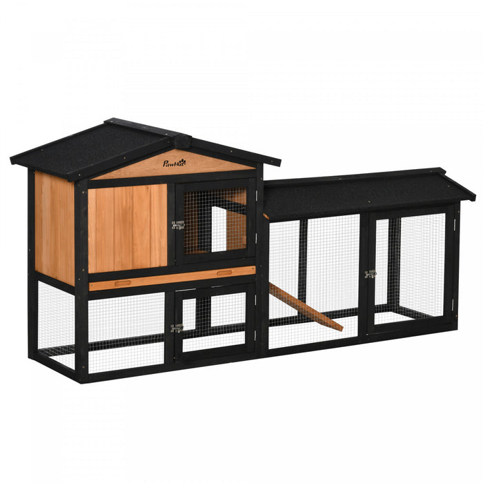 Pawhut 179,9 Cm Clapier En Bois Pour Animal Domestique Parc Pour Lapin Avec Boite De Course, Plateau Coulissant, Rampe, Pour Lapins Et Petits Animaux, Noir