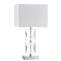 Lampe de table Crystal de Dainolite en cristal de forme carrée, avec abat-jour blanc, fini chromé poli et 1 ampoule
