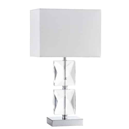Lampe de table Crystal de Dainolite en cristal de forme carrée, avec abat-jour blanc, fini chromé poli et 1 ampoule