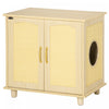 Pawhut Bac A Litiere Pour Chat Avec Coussin Souple, Banc De Rangement, Table D'extremite Avec Bordure En Rotin, Structure En Bois, Portes Magnetiques, Montage Facile, Chene