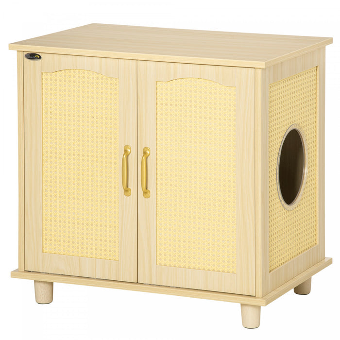 Pawhut Bac A Litiere Pour Chat Avec Coussin Souple, Banc De Rangement, Table D'extremite Avec Bordure En Rotin, Structure En Bois, Portes Magnetiques, Montage Facile, Chene