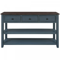  Console Wendy En Bois Massif Avec 3 Tiroirs Et 2 Etageres Ouvertes, Bleu Marine