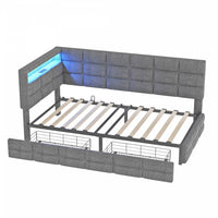  Banquette-lit Sophia rembourree avec lumieres LED et tiroirs de rangement, taille simple, gris