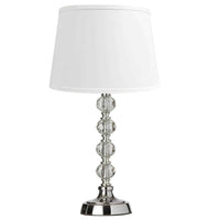 Petite lampe de table Crystal de Dainolite en forme de boule de cristal, avec abat-jour blanc, fini chromé poli et 1 ampoule