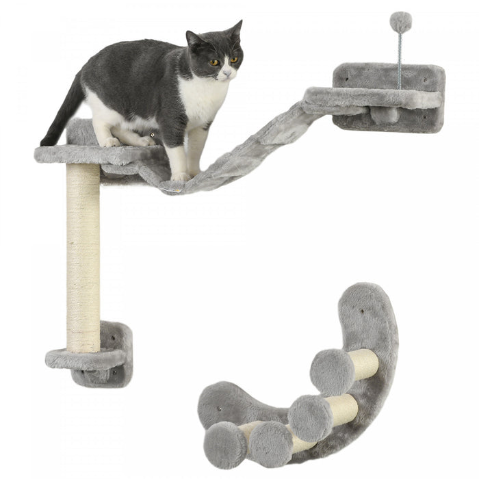 Pawhut Lot De 2 Etageres Pour Chat Avec Griffoir, Etageres Murales Pour Chat Pour Se Detendre, Grimper, Double Plateforme Avec Echelle Souple Et Balles De Jeu, Beige
