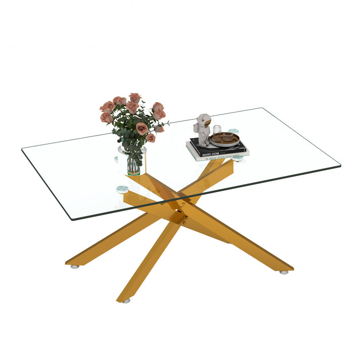 Table basse rectangulaire en verre de 39,37\" Olivia avec pieds metalliques elegants, doree
