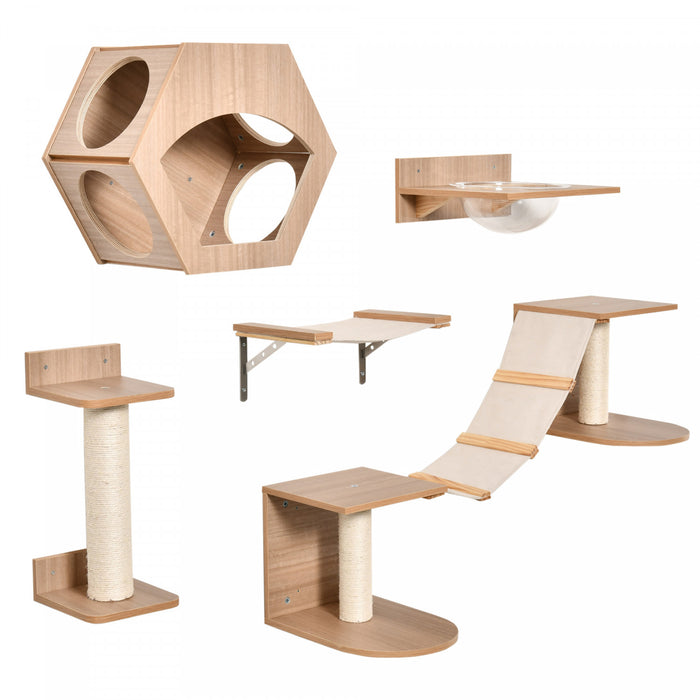 Pawhut Ensemble D'etageres Pour Chats 5 Pieces Echelle Escalier Escalade Chats Mural Avec 2 Hamacs Griffoir Plate-forme De Saut Et Niche Multicentres D'activite