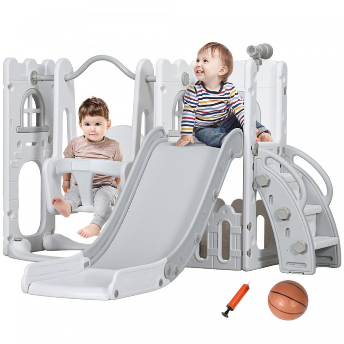 Qaba Ensemble Toboggan Et Balancoire 6 En 1 Avec Panier De Basket, Grimpeur, Balancoire Pour Bebe, Aire De Jeux Interieure Avec Espace De Rangement, Pour Les 1 A 3 Ans, Gris