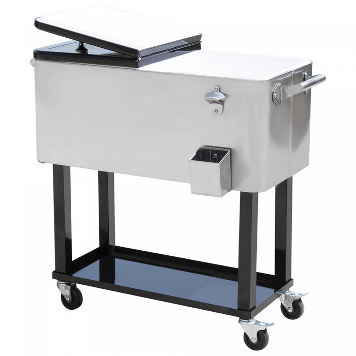 Chariot refrigere a roulettes Outsunny 80 pintes, bac a glace pour boissons (biere, etc.), argent