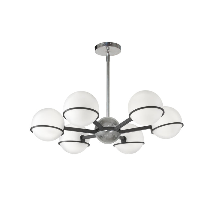 Lustre Sofia de Dainolite en verre blanc opale, avec fini noir mat et chromé poli et 6 ampoules