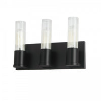 Lumière de coiffeuse Tube de Dainolite en verre cannelé transparent, avec fini noir mat et 3 ampoules