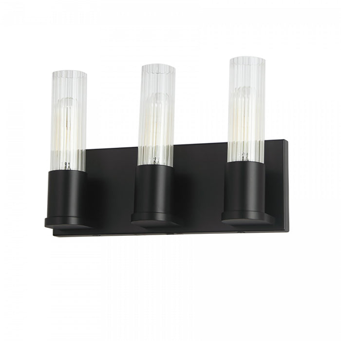 Lumière de coiffeuse Tube de Dainolite en verre cannelé transparent, avec fini noir mat et 3 ampoules