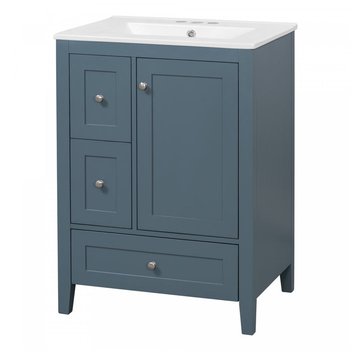 Mia Meuble-lavabo de 24\" avec vasque en ceramique et rangement a plusieurs tiroirs, Bleu Gris