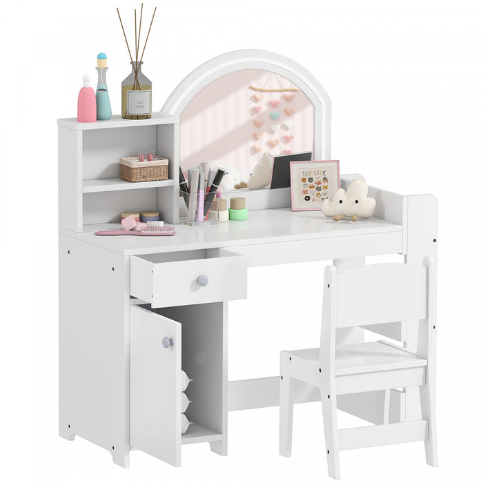Qaba Ensemble de Coiffeuse pour Enfants, Miroir Lumineux, Tabouret, Blanc