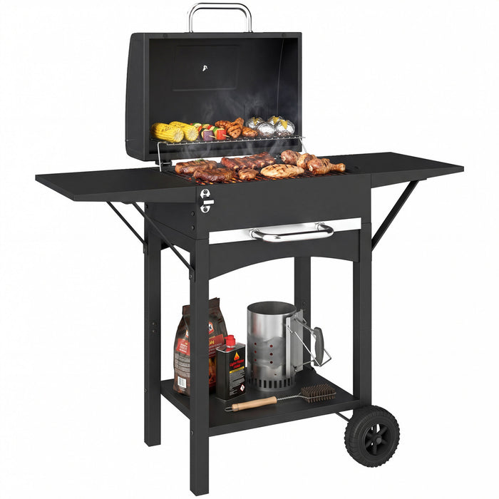 Barbecue au charbon de bois Outsunny avec 2 tablettes laterales et roues