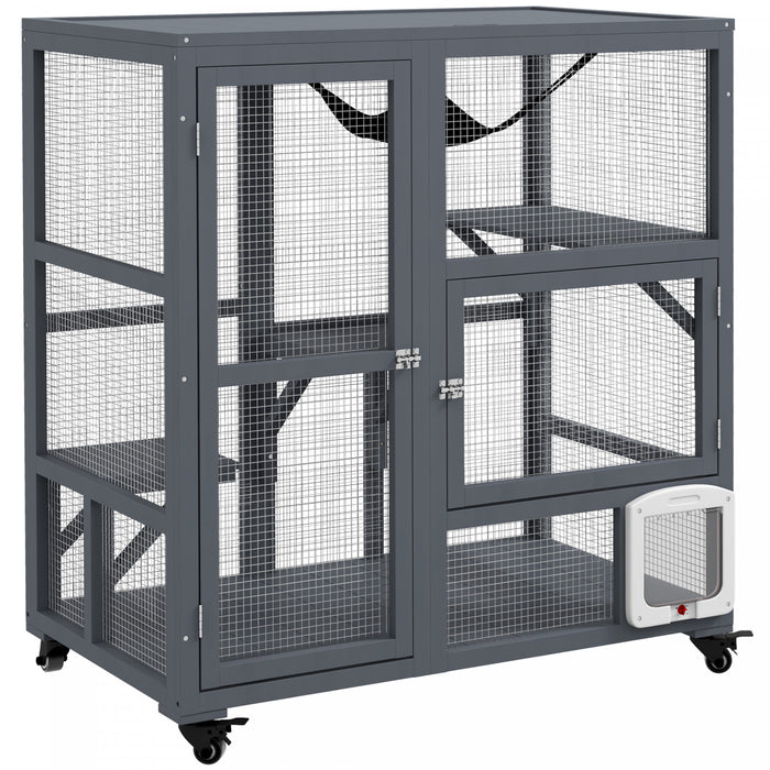 Pawhut Niche En Bois Pour Chats D'interieur, 3 Niveaux, Villa Pour Chat Sur Roulettes Avec Porte A Chatiere, Hamac, Dessus Ouvrant Pour 2 Chats, Gris Clair