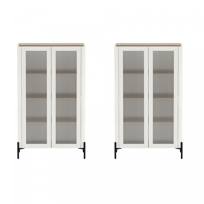 Armoire bibliotheque moderne Abbey 32\" en verre trempe, erable et blanc casse (4 etageres) - Lot de 2
