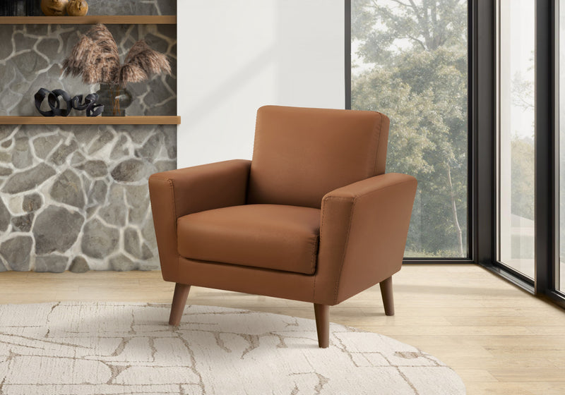 Chaise D'Appoint Rembourre, 34\"L, Apparence Cuir Cognac, Pieds En Bois De Noyer