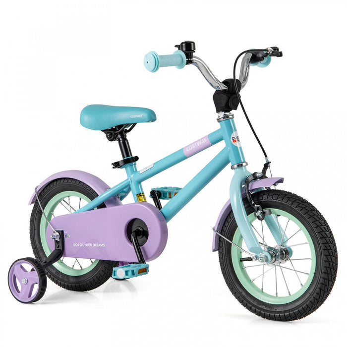 Costway 12\" Velo Pour Enfants Avec Guidon Reglable De Selle Roues D'entrainement Amovibles Frein A Main Bleu
