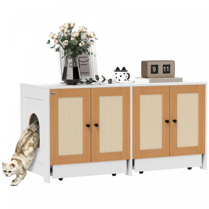 Pawhut Bac A Litiere Pour Chat, Table D'appoint Cachee Avec 2 Armoires, Tapis A Gratter, Plateaux Coulissants, Meuble De Bac A Litiere Pour 2 Chats Chatons, Blanc