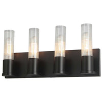 Lumière de coiffeuse Tube de Dainolite en verre cannelé transparent, avec fini noir mat et 4 ampoules