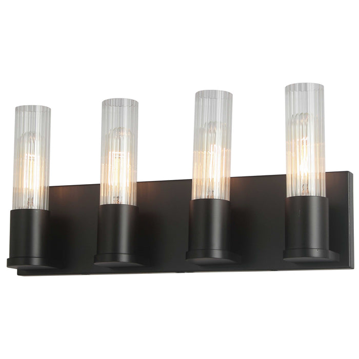 Lumière de coiffeuse Tube de Dainolite en verre cannelé transparent, avec fini noir mat et 4 ampoules