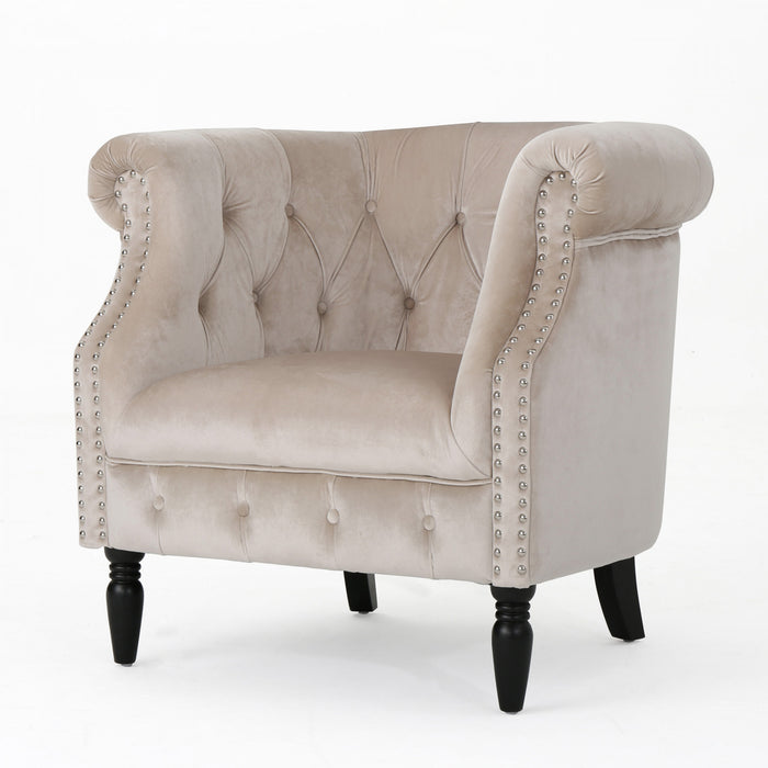 Fauteuil Akira En Tissu Velours Avec Capitonnage À Boutons Et Bordure Cloutée -  Couleur Champagne