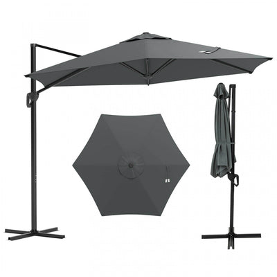 Costway 9 FT Patio Cantilever Umbrella with Sun-Protective Canopy, Top Air Vent Cross Base Gray