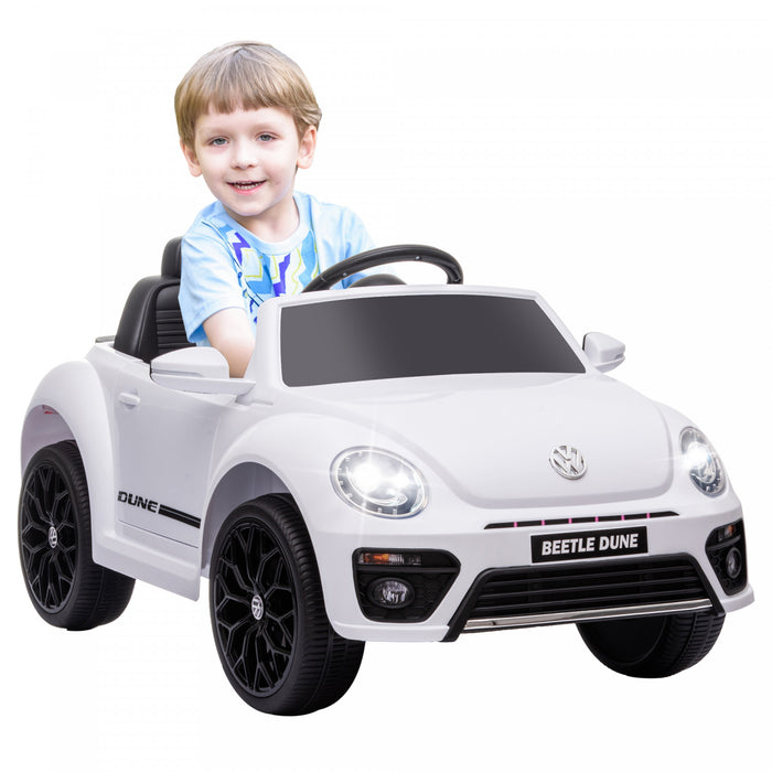 Qaba Voiture Electrique Pour Enfants 12 V, Volkswagen Beetle, Voiture Pour Enfants Alimentee Par Batterie Avec Telecommande, 4 Roues A Suspension A Ressort, Musique, Klaxon, Blanc