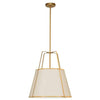 Luminaire suspendu Trapezoid de Dainolite avec abat-jour trapézoïde doré et crème qui diffuse la lumière, tissu blanc et 3 ampoules