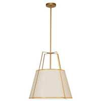 Luminaire suspendu Trapezoid de Dainolite avec abat-jour trapézoïde doré et crème qui diffuse la lumière, tissu blanc et 3 ampoules