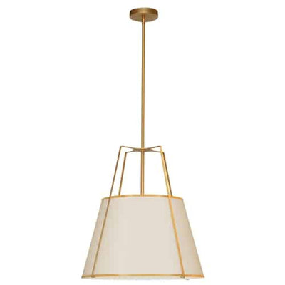 Dainolite Trapezoid 3 Light Pendant Trapezoid Gold/Cream Shade White Fabric Diffuser Lamp|Luminaire suspendu Trapezoid de Dainolite avec abat-jour trapézoïde doré et crème qui diffuse la lumière, tissu blanc et 3 ampoules
