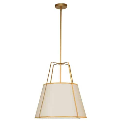 Luminaire suspendu Trapezoid de Dainolite avec abat-jour trapézoïde doré et crème qui diffuse la lumière, tissu blanc et 3 ampoules
